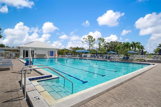 view of swimming pool featuring a patio