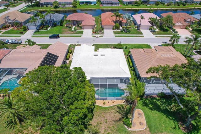 drone / aerial view featuring a water view