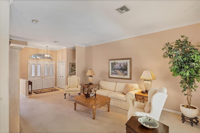 carpeted living room with ornamental molding