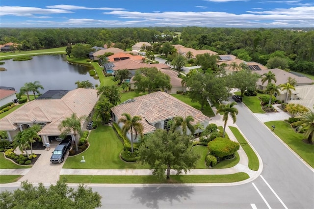 drone / aerial view featuring a water view