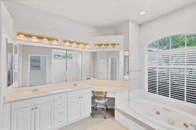 bathroom with vanity, separate shower and tub, and tile patterned floors