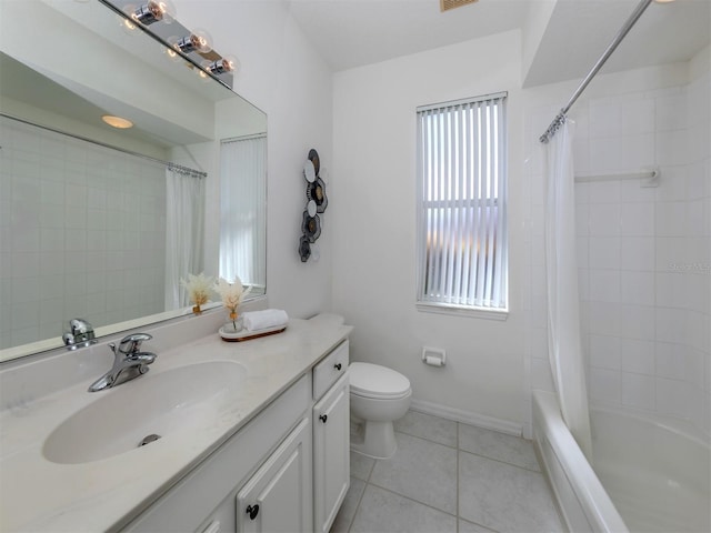 full bathroom with tile patterned flooring, shower / bath combo, vanity, and toilet