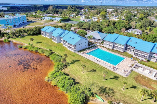 aerial view featuring a water view