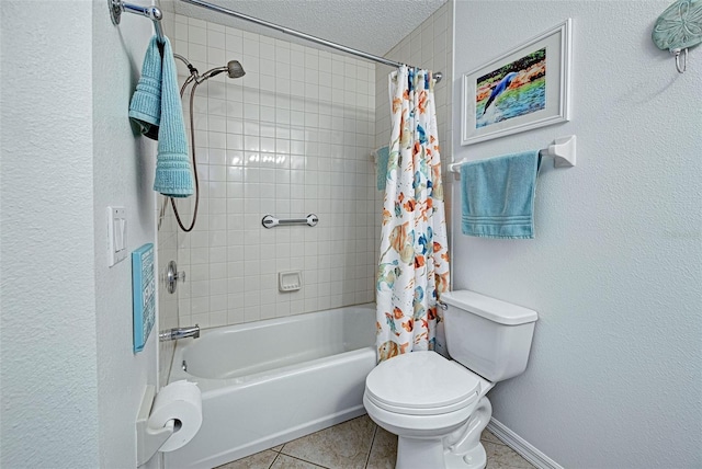 bathroom featuring toilet, tile patterned flooring, shower / bath combo with shower curtain, and a textured ceiling