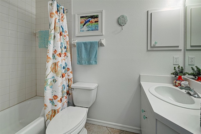 full bathroom featuring toilet, vanity, tile patterned floors, and shower / tub combo with curtain