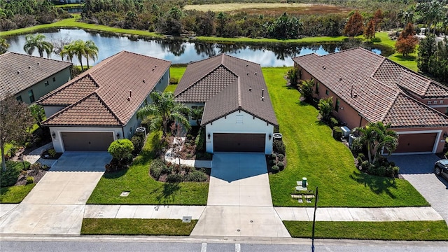 aerial view featuring a water view