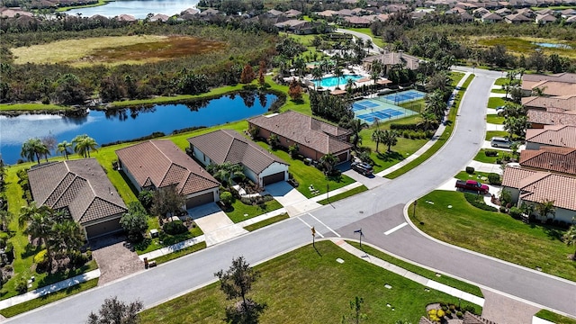 aerial view featuring a water view