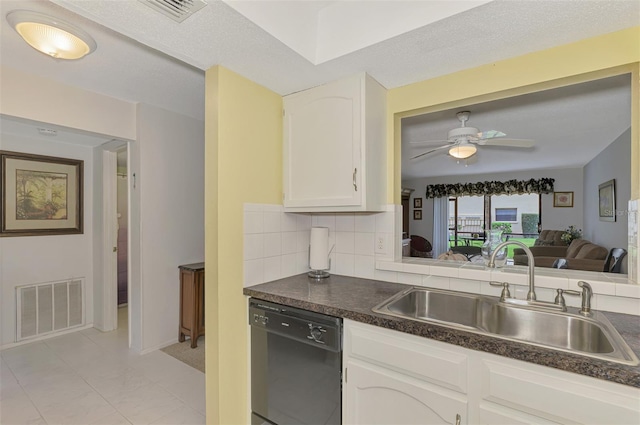 kitchen with white cabinetry, dishwasher, ceiling fan, sink, and tasteful backsplash