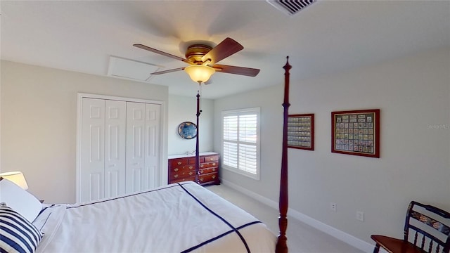 bedroom featuring light carpet, a closet, and ceiling fan