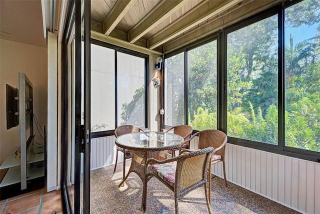 sunroom / solarium with beam ceiling and wooden ceiling