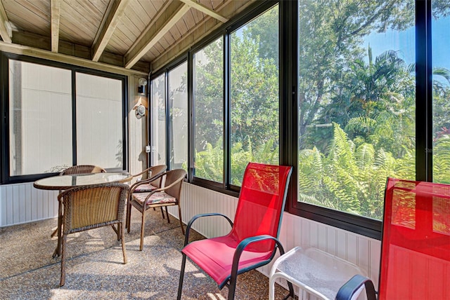 sunroom / solarium with wood ceiling and beam ceiling