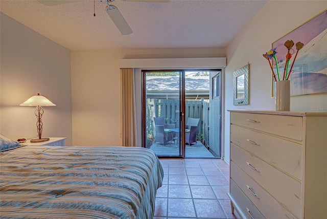 bedroom featuring a textured ceiling, ceiling fan, and access to exterior