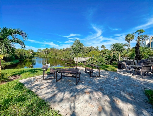 view of community featuring a patio and a water view