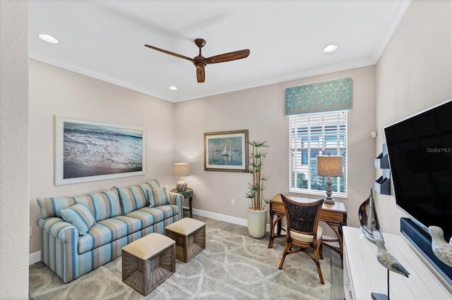 carpeted living room with ceiling fan and crown molding