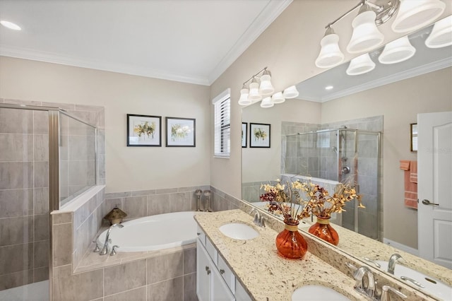 bathroom featuring vanity, independent shower and bath, crown molding, and a chandelier