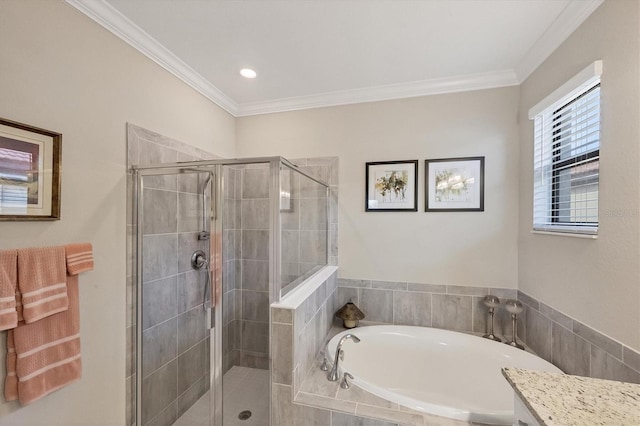 bathroom featuring vanity, independent shower and bath, and ornamental molding