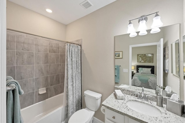 full bathroom with toilet, shower / bathtub combination with curtain, and vanity