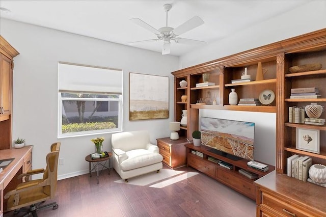 living area with ceiling fan and dark hardwood / wood-style flooring