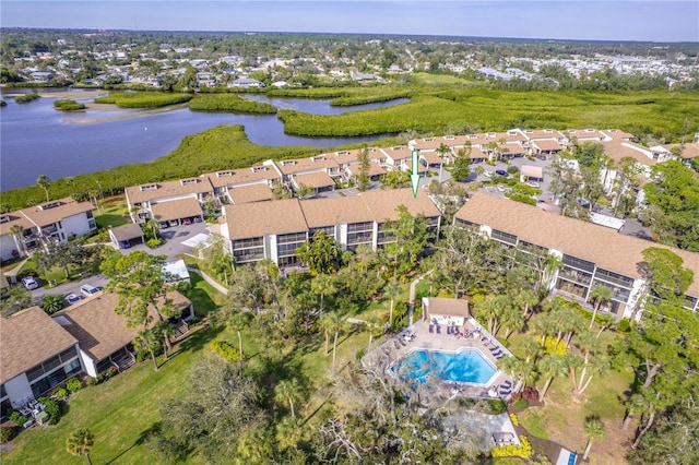 drone / aerial view featuring a water view