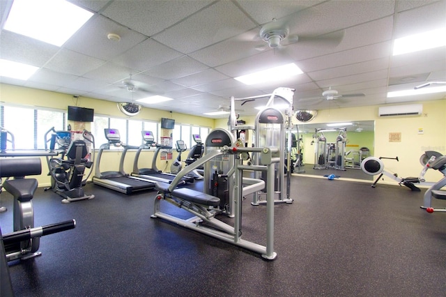 gym with a drop ceiling, a wall mounted AC, and ceiling fan