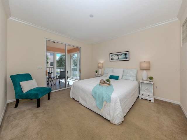 carpeted bedroom with crown molding, baseboards, and access to exterior