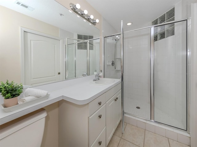 bathroom featuring tile patterned floors, a shower stall, toilet, and visible vents