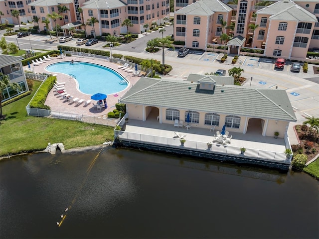 aerial view featuring a water view
