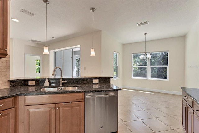 12273 Stuart Dr, Venice, FL 34293 - kitchen with stainless steel dishwasher, visible vents, a sink, and dark stone counters