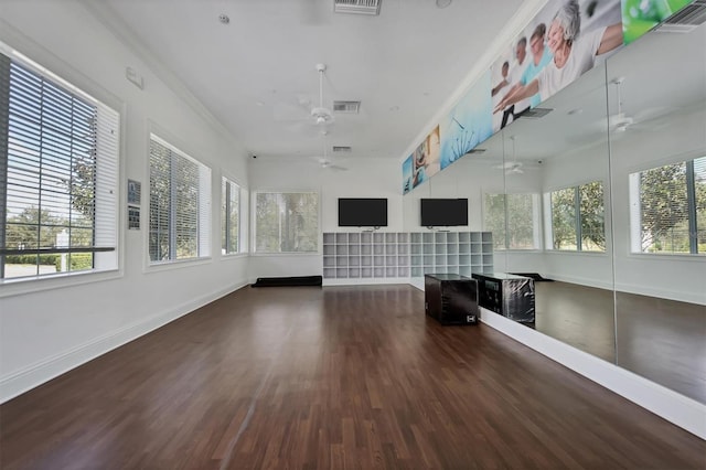 12273 Stuart Dr, Venice, FL 34293 - unfurnished sunroom with wood finished floors, visible vents, baseboards, and ornamental molding