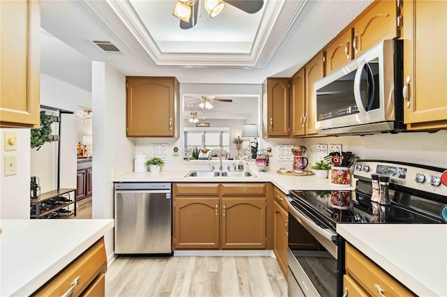 kitchen with ceiling fan, a tray ceiling, light wood-type flooring, sink, and stainless steel appliances