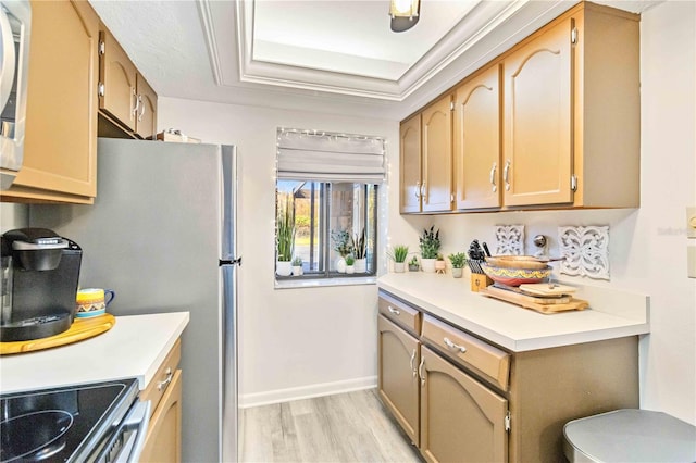 kitchen featuring light hardwood / wood-style flooring, a tray ceiling, and electric range oven