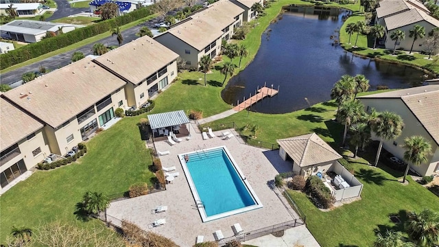 drone / aerial view with a water view