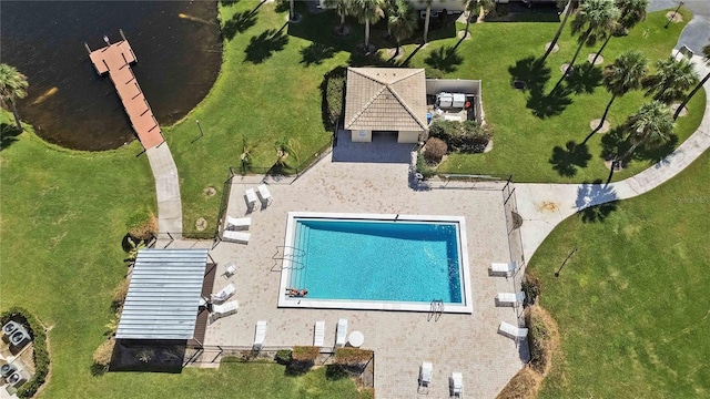 aerial view featuring a water view