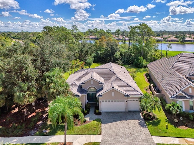 drone / aerial view with a water view