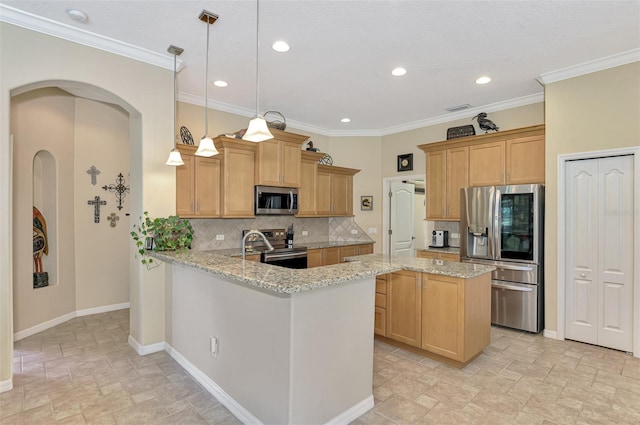 kitchen featuring light stone countertops, stainless steel appliances, kitchen peninsula, pendant lighting, and decorative backsplash