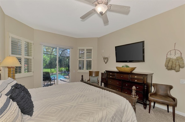 bedroom featuring access to exterior, ceiling fan, and light colored carpet