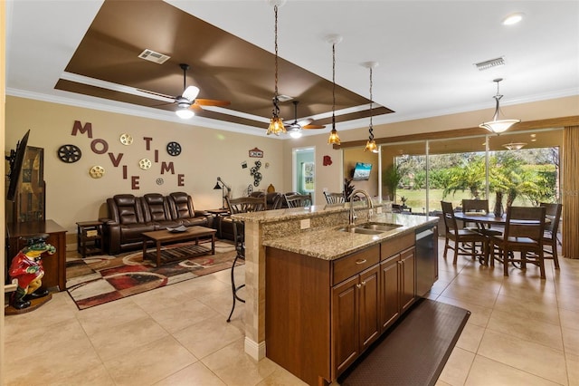 kitchen featuring sink, a tray ceiling, and plenty of natural light