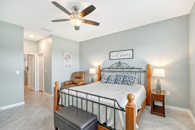 bedroom featuring ceiling fan and light tile patterned flooring