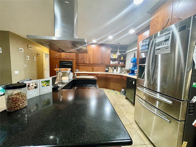 kitchen with sink, island exhaust hood, decorative light fixtures, light tile patterned floors, and black appliances