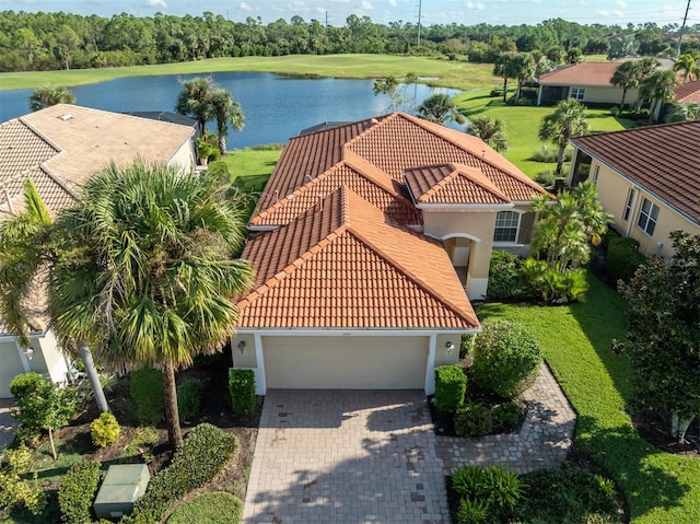 drone / aerial view with a water view