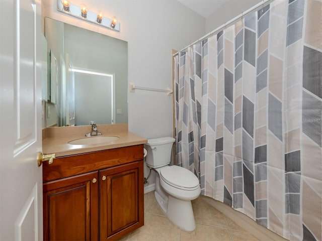 bathroom with vanity, tile patterned flooring, toilet, and a shower with shower curtain