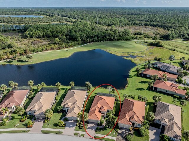 126 Cipriani Way N, Venice, FL 34275 - aerial view featuring golf course view, a residential view, a wooded view, and a water view