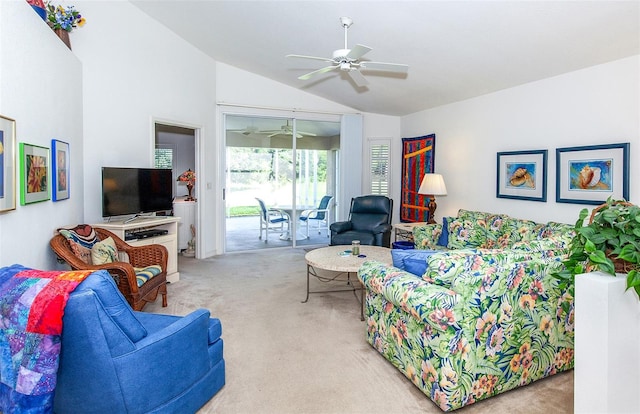 living room featuring light colored carpet, vaulted ceiling, and ceiling fan