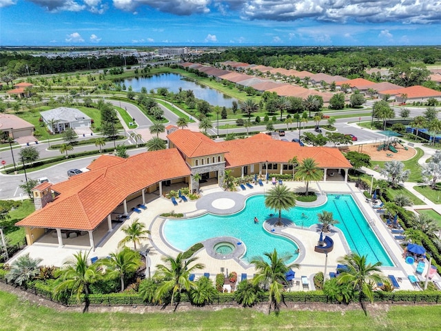 birds eye view of property featuring a water view