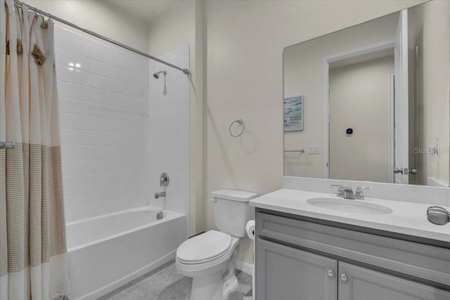 full bathroom with shower / bath combination with curtain, vanity, and toilet