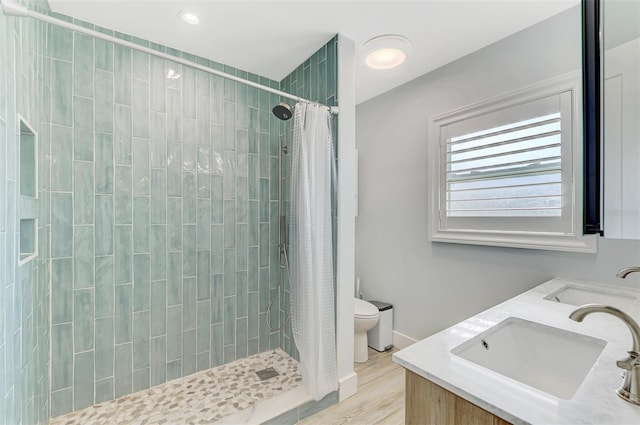 bathroom featuring toilet, hardwood / wood-style floors, vanity, and a shower with curtain