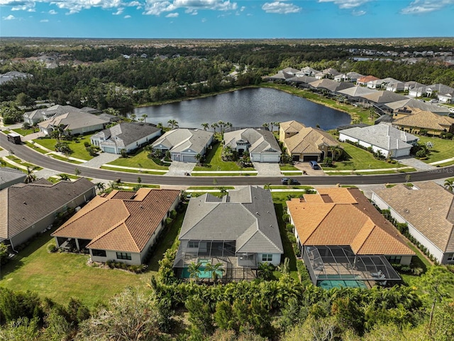 drone / aerial view featuring a water view