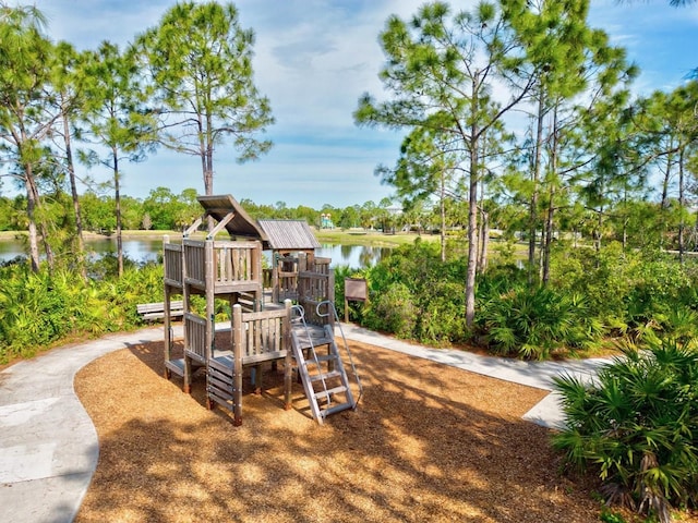 view of play area featuring a water view