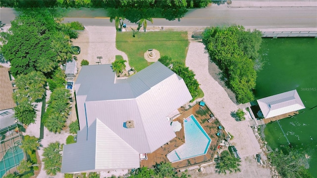 aerial view featuring a water view