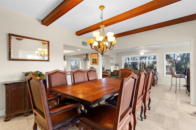 dining space with beamed ceiling and ceiling fan with notable chandelier